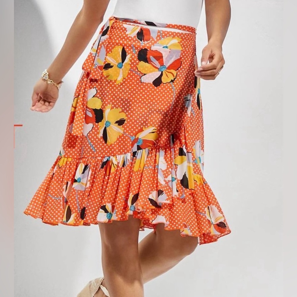 Cabi Wrap Mesh Orange Floral & Polka Dots Skirt-L